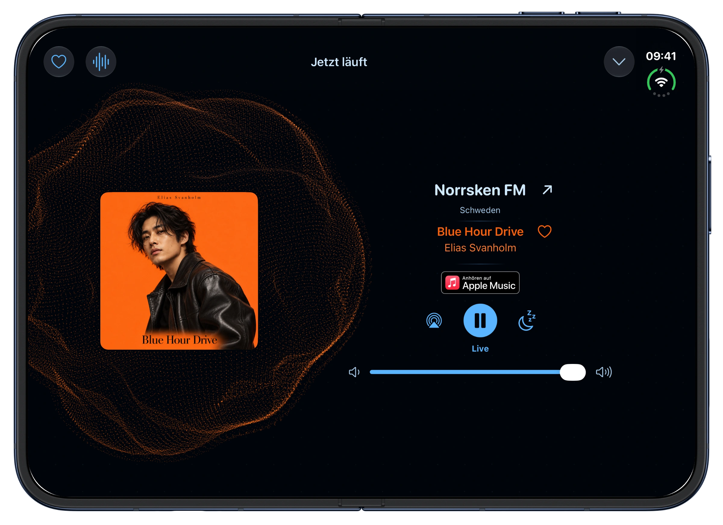 Native full-screen Skip & Stay player on an unfolded iPhone Duo, showing Blue Hour Drive and the particle core behind its artwork