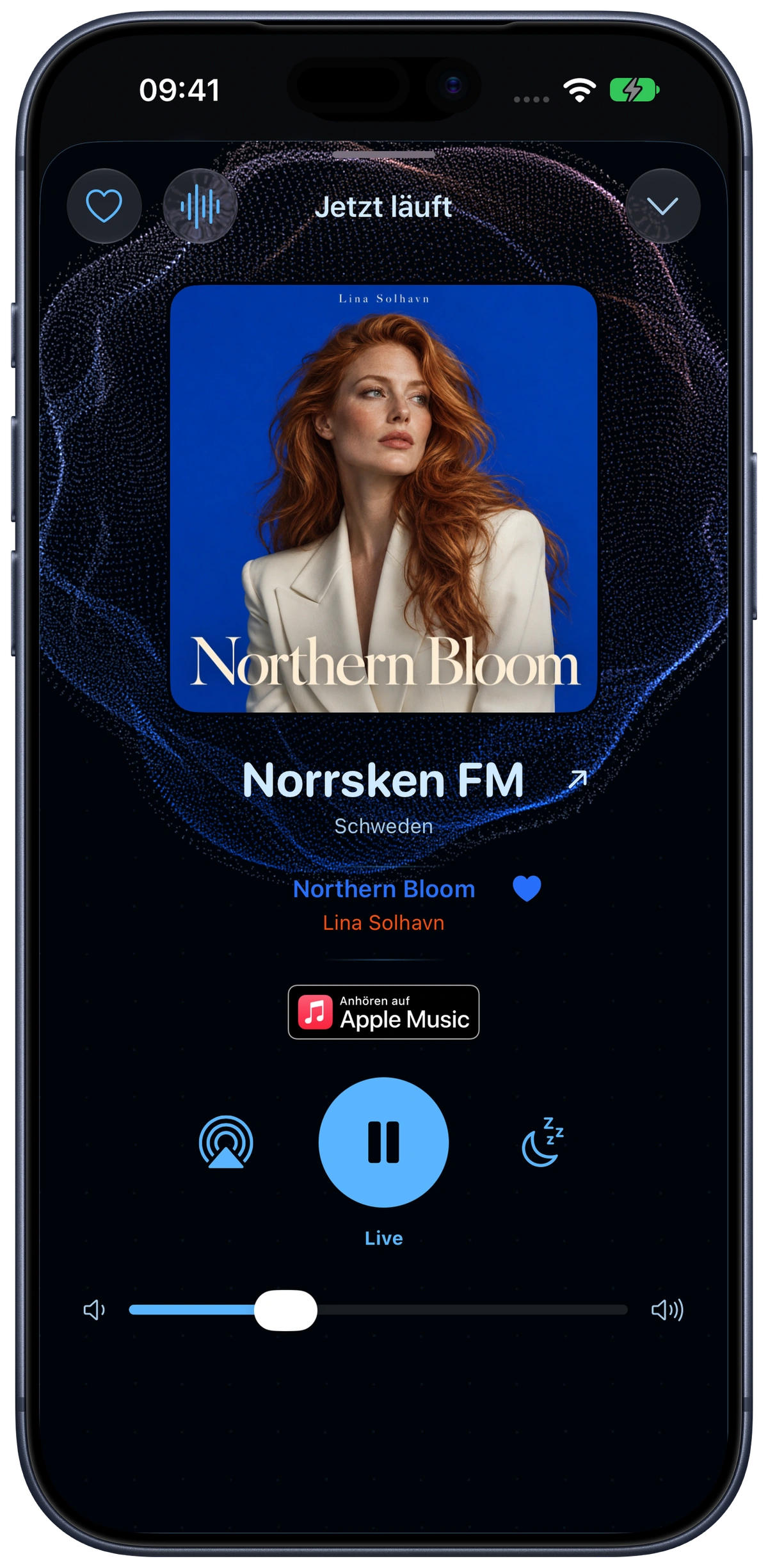 Native Skip & Stay player showing Northern Bloom in the official iPhone product frame